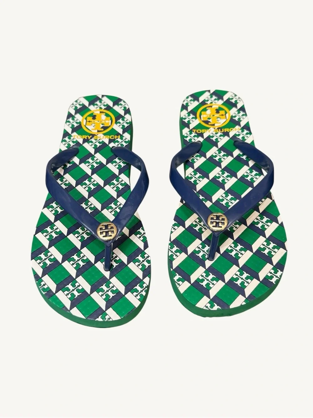 Tory Burch Green, Navy & White Check Logo Flip Flops Size 5 NWOT